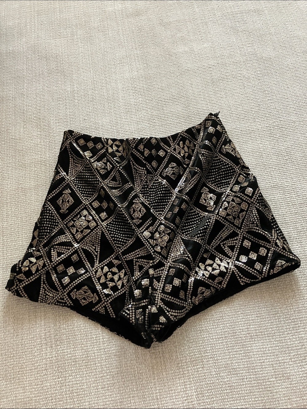 High-Waist Black Velvet Shorts with Gold Geometric Foil